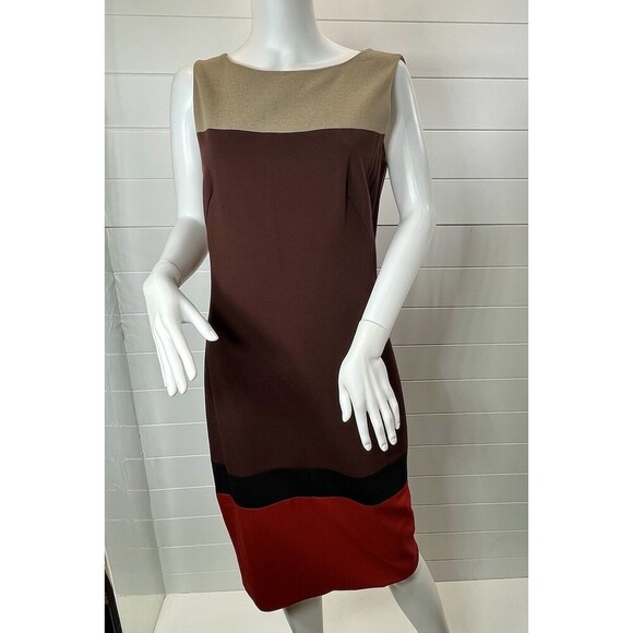 AKRIS PUNTO Sz US 8 Tan Maroon Red Sheath Dress Viscose Wool Blend Art To Wear - Picture 2 of 14